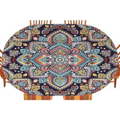 ESFVRG Bohemian Oval Elastic Fitted Tablecloth, Bohemian Style Motif Vintage, for Kitchen Dinning Tabletop Decoration Outdoor Picnic, Fits 42" x 60" Table, Navy Teal