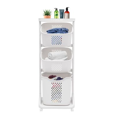 3 Tier Washing Hamper Dirty Clothes Storage Bin Multi Layer Rolling Laundry Cart PP Storage Hamper Freestanding Clothes Hamper Organizer with Portable Handle for Bathroom Living Room Bedroom Kitchen
