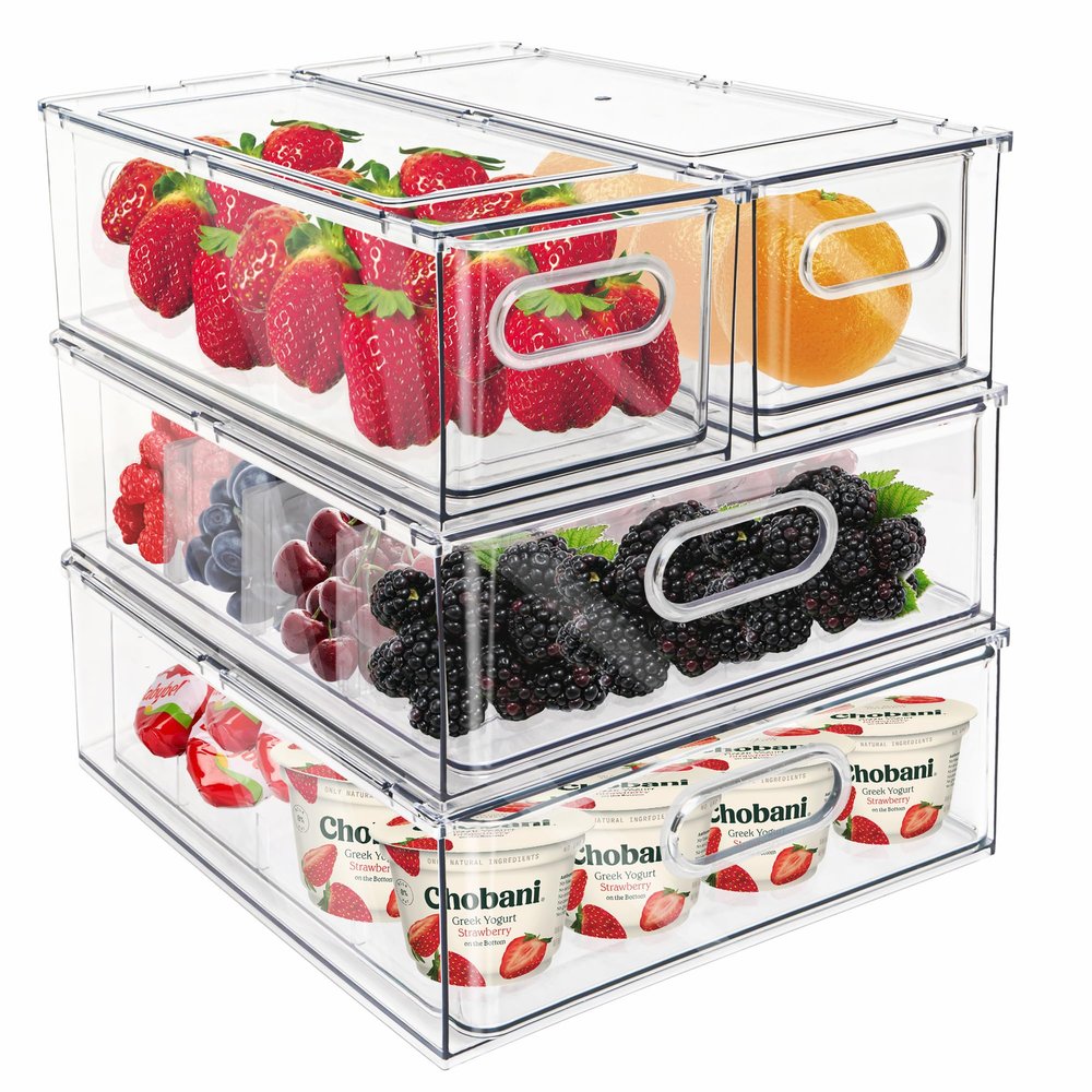 Mano Fridge Drawer Pull Out Stackable Bins with Handle Clear Refrigerator Drawers Organizer Food Storage Container Box with Dividers Plastic Produce Saver for Pantry, Cabinet, Kitchen, Clothes4Pack