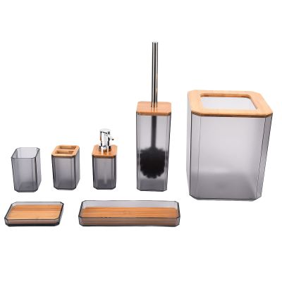 Joyzan Bathroom Accessories Set, Bamboo Bath Decor Ensemble Lotion Bottles Toothbrush Holder Tooth Mug Soap Dish Toilet Brush Trash Can Tray Soap Dispenser Home Apartment Decorative Countertop 7Pcs