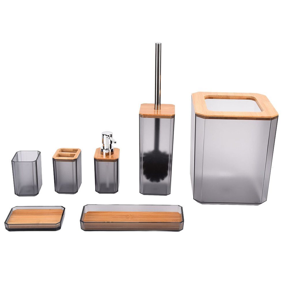 Joyzan Bathroom Accessories Set, Bamboo Bath Decor Ensemble Lotion Bottles Toothbrush Holder Tooth Mug Soap Dish Toilet Brush Trash Can Tray Soap Dispenser Home Apartment Decorative Countertop 7Pcs