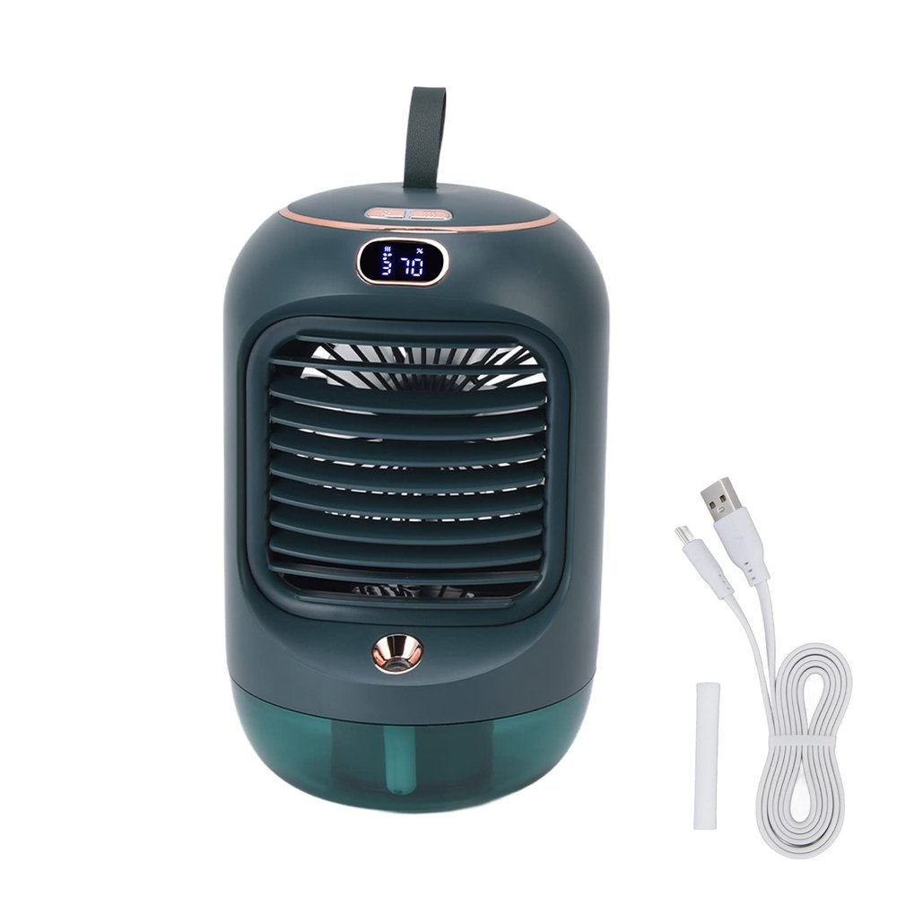 Mini Air Conditioner Humidifier, Air Cooler LED Ice Water Cooler Fan, 3 Wind Speeds and Lanyard, Portable Fast Cooling Electric Fan for Home Office Travel(green)