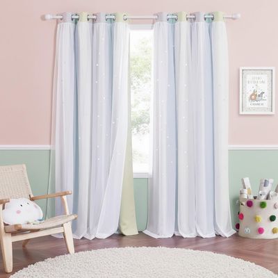 NICETOWN Kids Curtains Blackout Curtains for Nursery Living Room Decor Colorful Double Layer Star Cut-Out Stripe Rainbow Window Curtain for Girls Babys Bedroom, W52 x L84, Purple Blue Yellow, 1 Pair