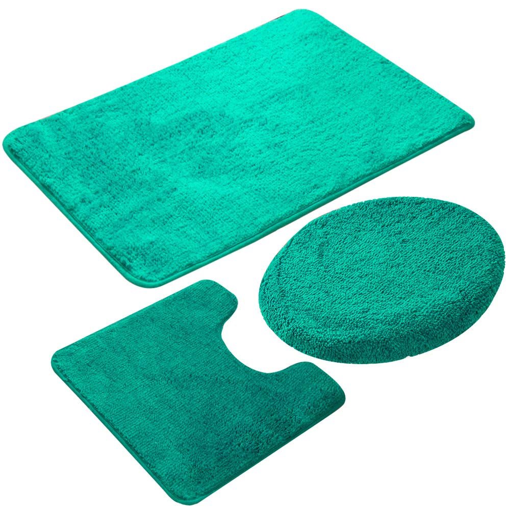 3 Pieces Bathroom Rugs Set, Non Slip Microfiber Bathroom Rugs Shower Mat with U-Shaped Contour Mat and Toilet Lid Cover, Super Absorbent Machine Washable Bath Mats for Tub, Shower, Bathroom (Green)