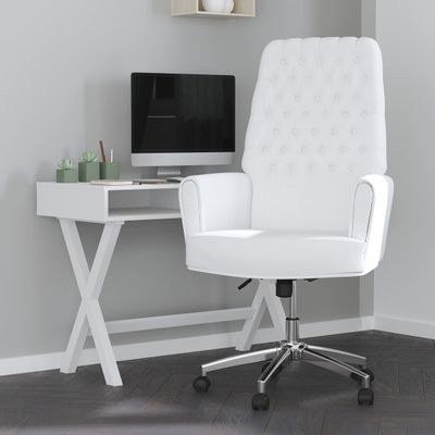 Merrick Lane Moselle Executive Home Office Chair - White Button Tufted Faux Leather Upholstery - Padded Welt Trimmed Arms - Swivel Seat - Chrome Base