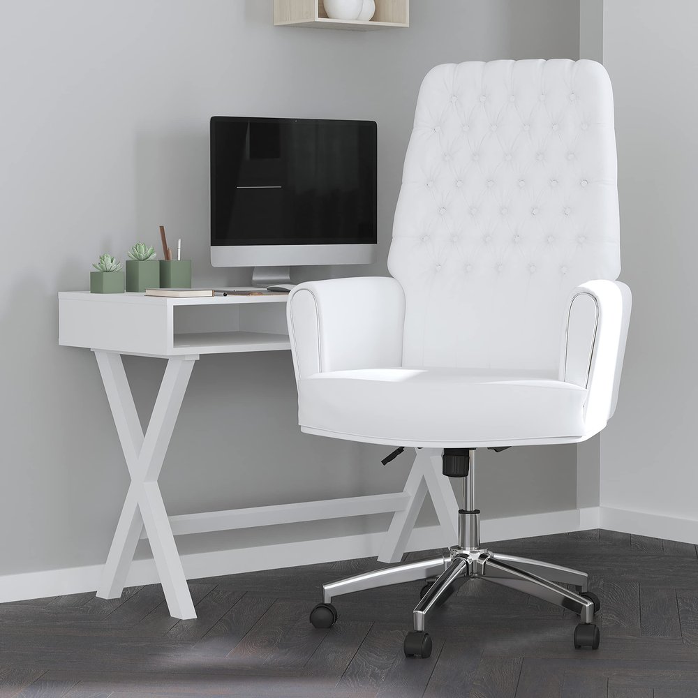 Merrick Lane Moselle Executive Home Office Chair - White Button Tufted Faux Leather Upholstery - Padded Welt Trimmed Arms - Swivel Seat - Chrome Base