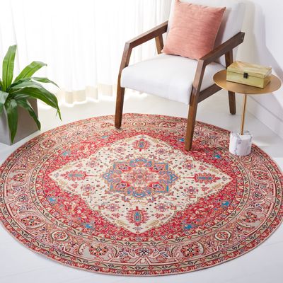 SAFAVIEH Washable Rug Tucson Collection - 6' Round, Red & Beige, Slip Resistant & Easy to Clean, Ideal for Living Room, Bedroom, Dining Space (TSN107Q)