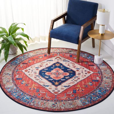 SAFAVIEH Washable Rug Tucson Collection - 6' Round, Rust & Blue, Slip Resistant & Easy to Clean, Ideal for Living Room, Bedroom, Dining Space (TSN133P)