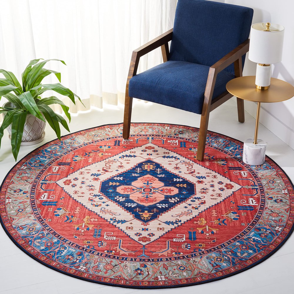 SAFAVIEH Washable Rug Tucson Collection - 6' Round, Rust & Blue, Slip Resistant & Easy to Clean, Ideal for Living Room, Bedroom, Dining Space (TSN133P)