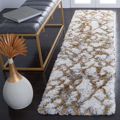SAFAVIEH Horizon Shag Collection Runner Rug - 2' x 9', Ivory & Gold, Modern Abstract Design, Non-Shedding & Easy Care, 2-inch Thick Ideal for High Traffic Areas in Living Room, Bedroom (HZN894D)