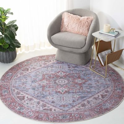 SAFAVIEH Washable Rug Tucson Collection - 6' Round, Grey Blue & Rust, Slip Resistant & Easy to Clean, Ideal for Living Room, Bedroom, Dining Space (TSN102G)
