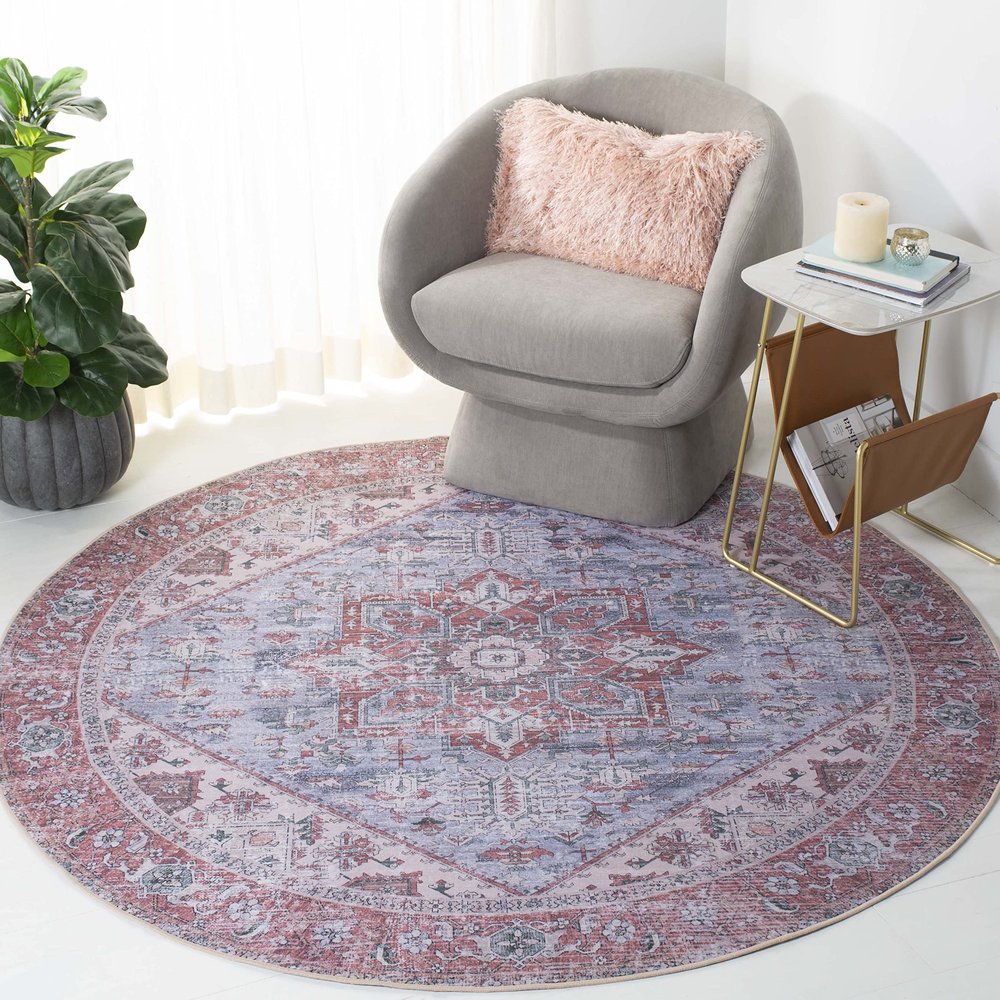 SAFAVIEH Washable Rug Tucson Collection - 6' Round, Grey Blue & Rust, Slip Resistant & Easy to Clean, Ideal for Living Room, Bedroom, Dining Space (TSN102G)