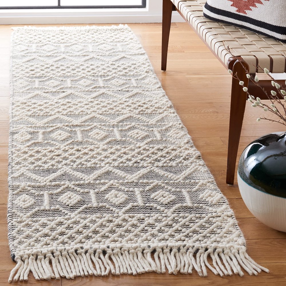 SAFAVIEH Natura Collection Runner Rug - 2'3" x 8', Ivory & Black, Handmade Moroccan Boho Fringe Wool, Ideal for High Traffic Areas in Living Room, Bedroom (NAT687A)