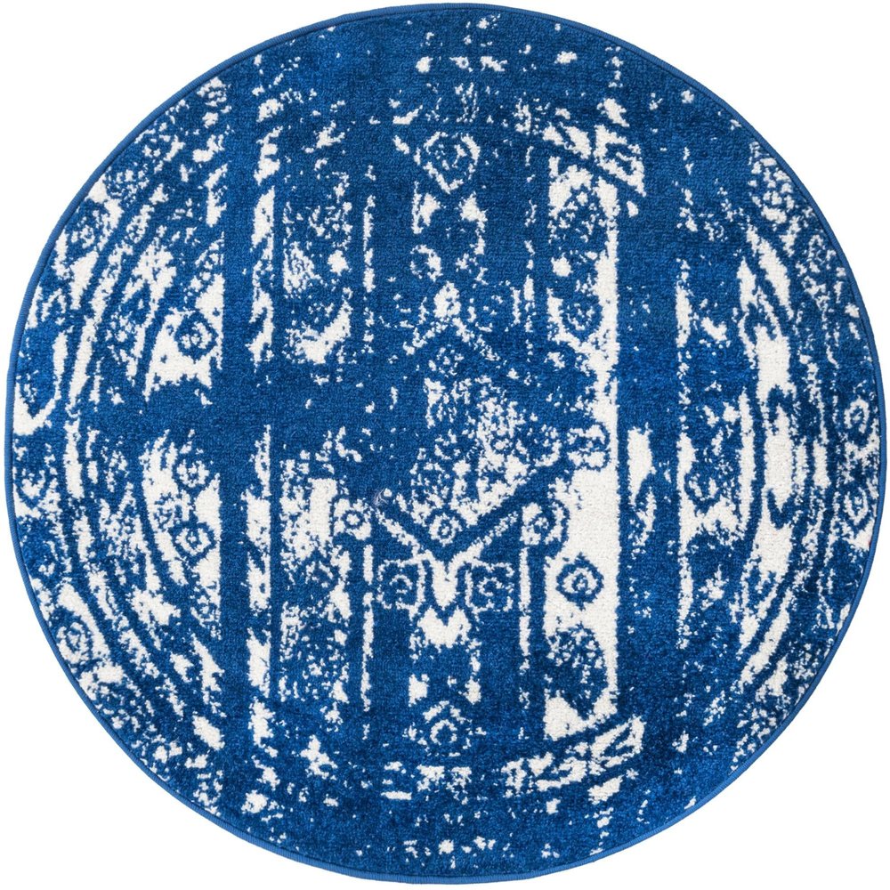 Unique Loom Lennon Collection Area Rug - Zal (3' Round, Navy Blue/ Ivory)