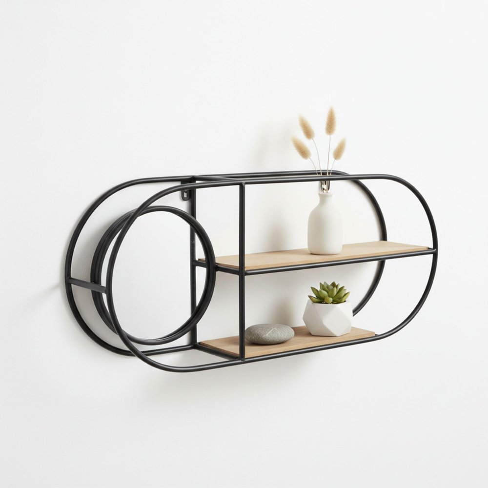 Metal And Wood Wall Shelf  Storage Shelf With Mirror And Open Shelves, Entryway Or Bathroom Wall Home Decor, Industrial Wall Organizer For Keys, Mail, And Display  23" x 5" x 10", Brown Black