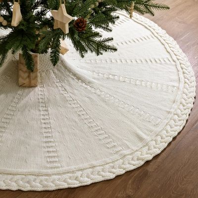 60 inch Christmas Tree Skirt: Large Tree Skirt for 9ft Tree, Braided Cable Knit Cream White Tree Skirt, Vintage Tree Skirts, Rustic Farmhouse Christmas Decorations