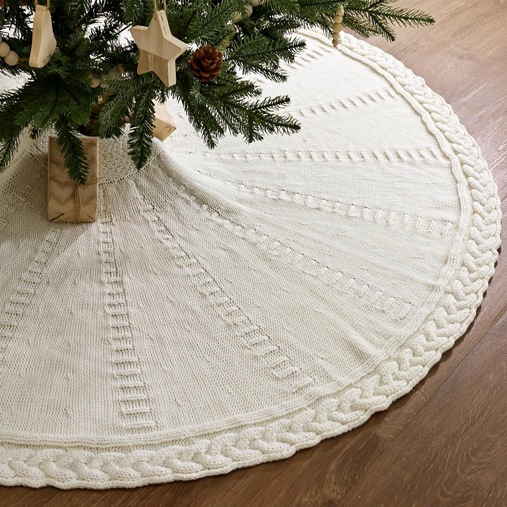 60 inch Christmas Tree Skirt: Large Tree Skirt for 9ft Tree, Braided Cable Knit Cream White Tree Skirt, Vintage Tree Skirts, Rustic Farmhouse Christmas Decorations