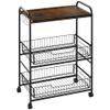 HOMCOM 3 Tier Rolling Kitchen Cart with Storage, Kitchen Island Cart on Wheels with 2 Sliding Fruit Basket, Microwave Cart with Side Hooks for Dining Room, Brown view 1