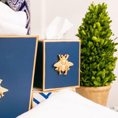 Jayes Studio Regency Line, Decorative Tissue Box Holder for Bathroom, Bee Detail, Gold Trim, Hand Painted Metal, Luxury Tissue Cover, Size 6x5x5 (Navy)