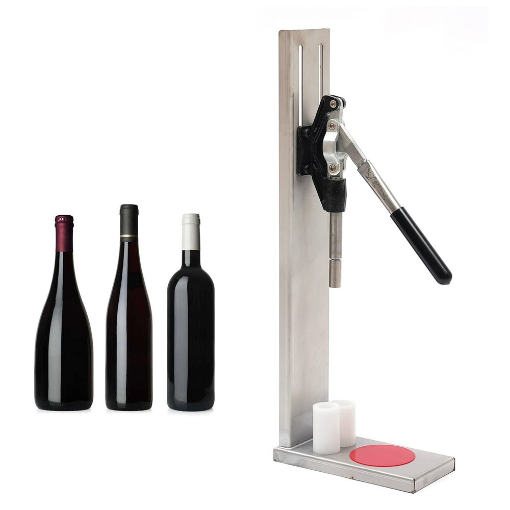 Wine Bottle Corking Machine, Stainless Steel Manual Pressure Corker Cork Wine Bottle Corking Inserting Stopper Tool with 2 Pom Heads for 200ml/375ml/500ml/750ml