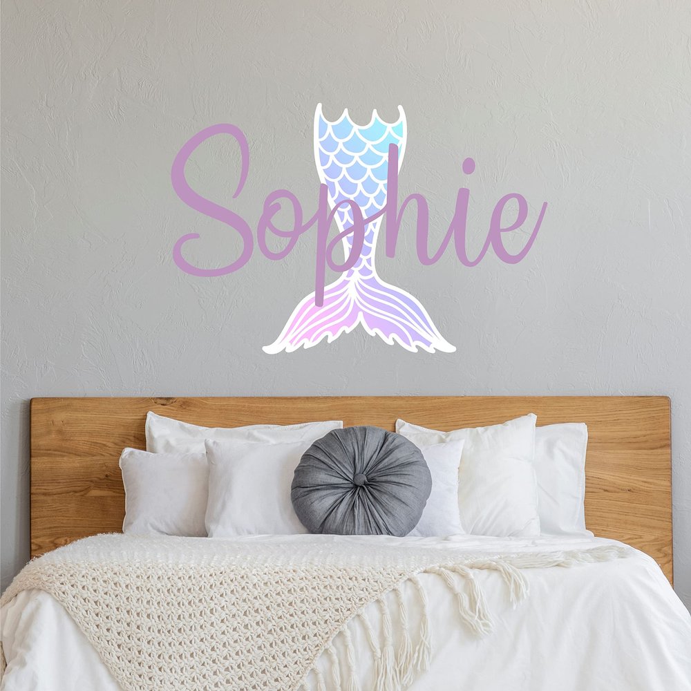 Custom Name Mermaid Nursery Wall Decal - Girls Personalized Name Mermaid Wall Sticker - Custom Name Sign - Custom Name Monogram - Girls Nursery Wall Decor (330149) (17" Wide x 11" high)