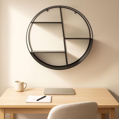 Asymmetical Round Wall Mounted Shelf with Metal Frame for Home Display - Four Layer Hanging Storage Organizer for Office and Living Room - Wall Shelf for Books, Frames, and Decors - 32", Black