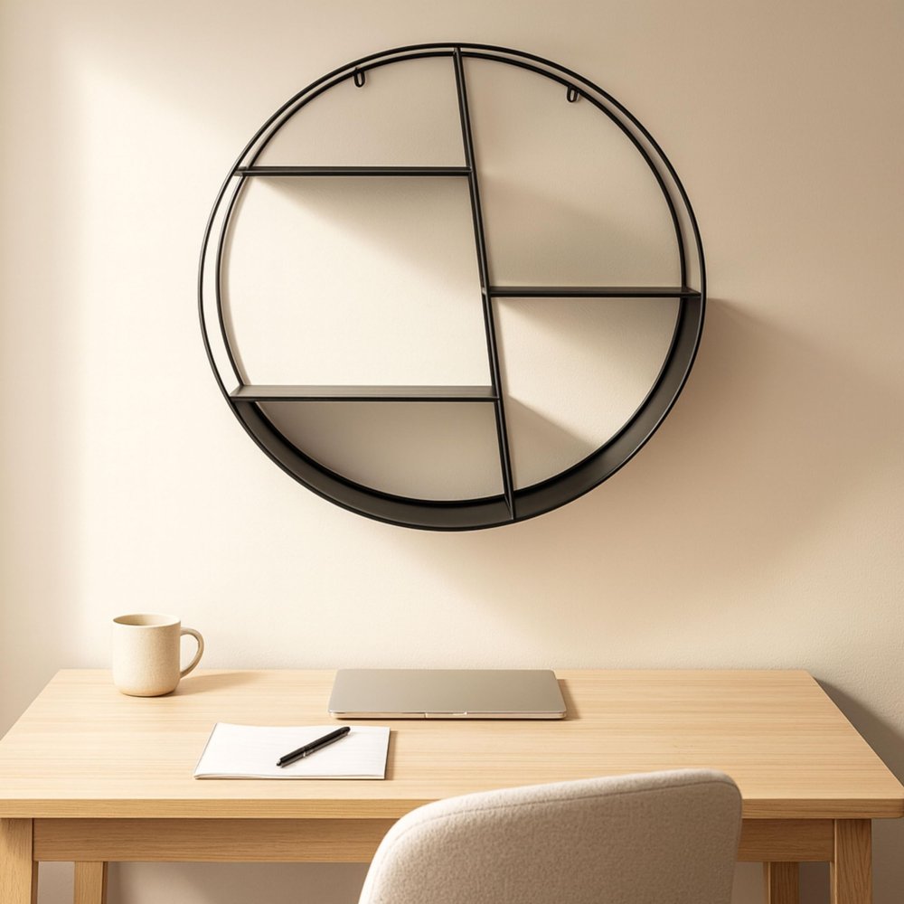 Asymmetical Round Wall Mounted Shelf with Metal Frame for Home Display - Four Layer Hanging Storage Organizer for Office and Living Room - Wall Shelf for Books, Frames, and Decors - 32", Black
