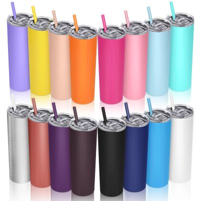 16 Packs Skinny Tumblers Bulk 20 oz Stainless Steel Double Wall Vacuum Insulated Tumbler Slim Water Cups with Lid and Straw for Travel DIY Hot Cold Drink, 16 Colors