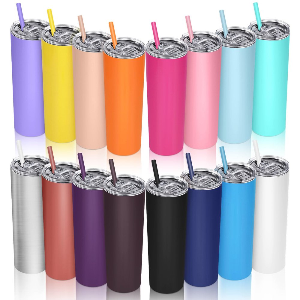 16 Packs Skinny Tumblers Bulk 20 oz Stainless Steel Double Wall Vacuum Insulated Tumbler Slim Water Cups with Lid and Straw for Travel DIY Hot Cold Drink, 16 Colors