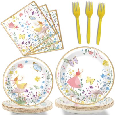 96 Pcs Fairy Plates and Napkins Party Supplies Talking Truly Fairy Tableware Set Tea Luncheon Party Decorations Favors for Girls Kids Birthday Baby Shower Serves 24