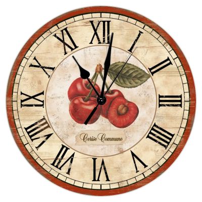 Cherry Retro Wooden Clock Non Ticking Operated Wood Wall Clocks French Cherry Clock Rustic Farmhouse for Laundry Room Bedroom Round Kitchen Decor Fruit Clock 15Inch Birthday Housewarming Gift