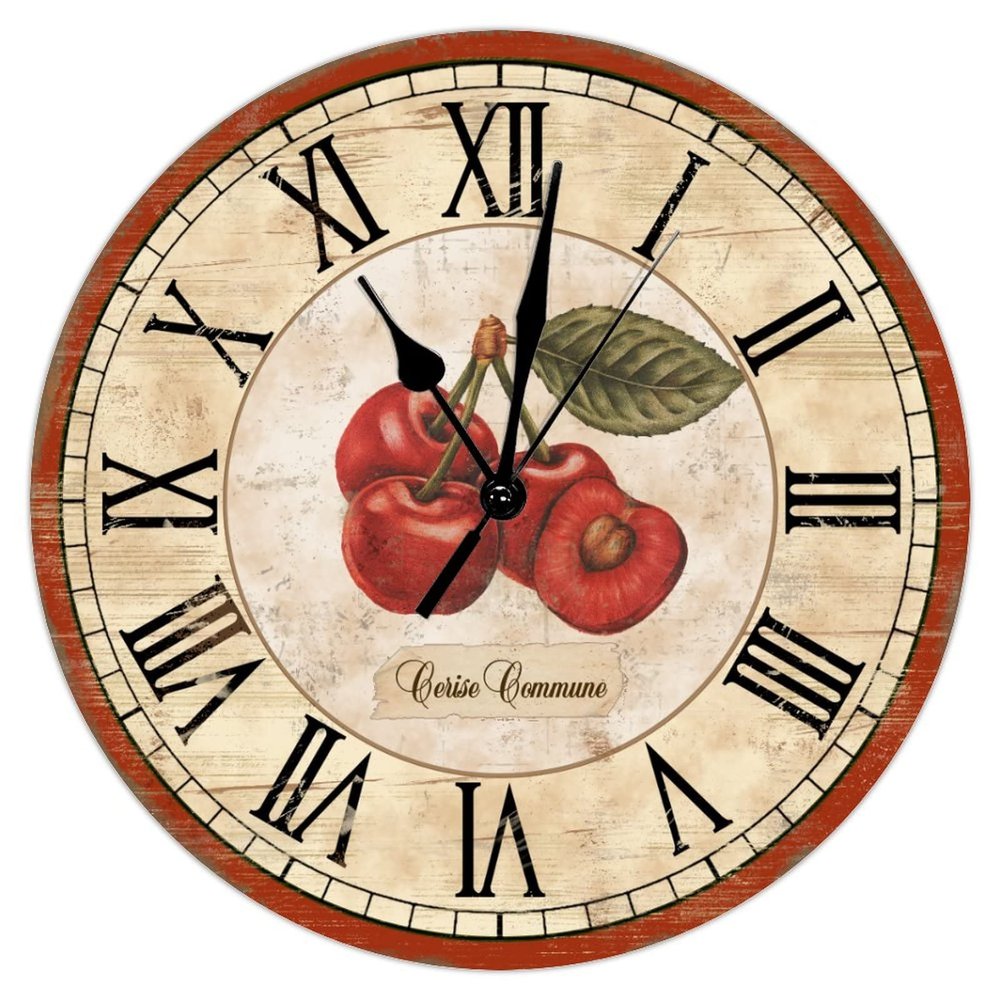 Cherry Retro Wooden Clock Non Ticking Operated Wood Wall Clocks French Cherry Clock Rustic Farmhouse for Laundry Room Bedroom Round Kitchen Decor Fruit Clock 15Inch Birthday Housewarming Gift