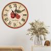 Cherry Retro Wooden Clock Non Ticking Operated Wood Wall Clocks French Cherry Clock Rustic Farmhouse for Laundry Room Bedroom Round Kitchen Decor Fruit Clock 15Inch Birthday Housewarming Gift view 4