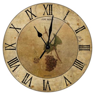 Vintage Fine Wines Quartz Art Clock Silent Non-Ticking Wooden Wall Clocks Vintage Grapes Wall Clock Farmhouse for Laundry Room Bedroom Round Clock 12Inch Birthday Housewarming Gift