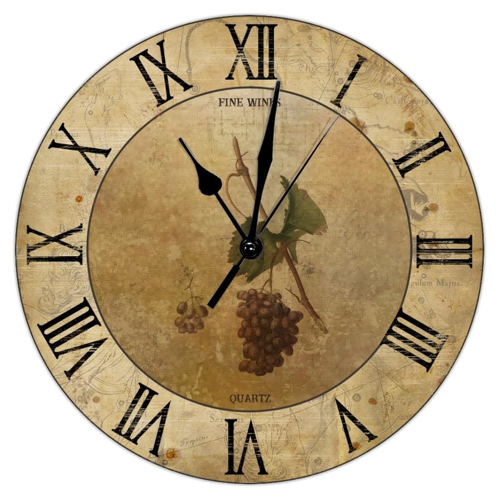 Vintage Fine Wines Quartz Art Clock Silent Non-Ticking Wooden Wall Clocks Vintage Grapes Wall Clock Farmhouse for Laundry Room Bedroom Round Clock 12Inch Birthday Housewarming Gift