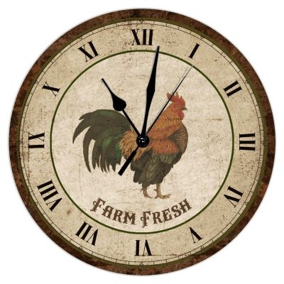 Vintage Rooster Farm Fresh Wooden Decorative Wall Clock Silent Non-Ticking Battery Wood Wall Clocks Farm Crowing Rooster Hen Clock Farmhouse Wall Decor for Kitchen Bedroom Office Round Clock 12Inch