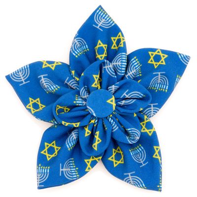 THE WORTHY DOG Flower Collar Attachment for Dogs & Cats Soft Printed Polyester, Touch Fastener, Attaches to Any Collar - Menorah Pattern, Blue, Small