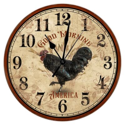 Farm Crowing Rooster Hen Wooden Clock Rustic Rooster Hen Good Morning Art Clocks Silent Non-Ticking Wall Clocks 15Inch Round Wall Clock Rustic for Living Room Bedroom Birthday Housewarming Gift