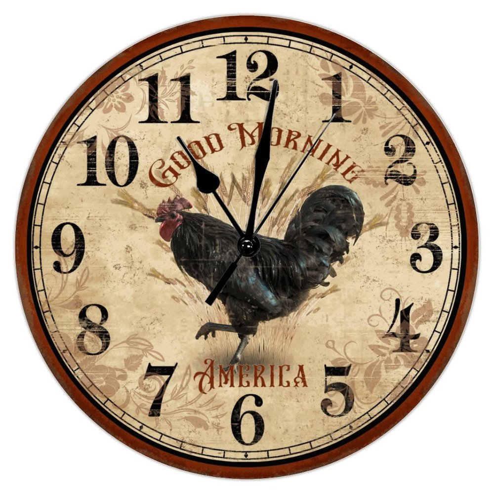 Farm Crowing Rooster Hen Wooden Clock Rustic Rooster Hen Good Morning Art Clocks Silent Non-Ticking Wall Clocks 15Inch Round Wall Clock Rustic for Living Room Bedroom Birthday Housewarming Gift
