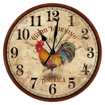 Hen Themed Rooster Art Clock Rustic Rooster Hen Good Morning Hanging Wall Clocks Silent Non-Ticking Wall Clock 15Inch Round Wall Clock Shabby Chic for Bathroom Bedroom Birthday Housewarming Gift