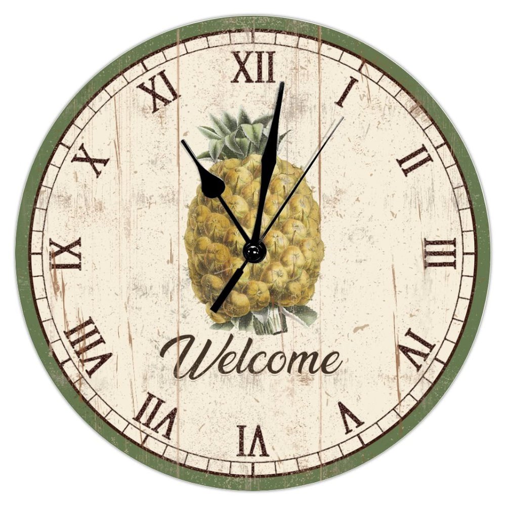 Retro Pineapple Art Clock 10Inch Round Clocks Pineapple Summer Welcome Wall Clocks Silent Non-Ticking Clock Farmhouse Home Decoration Kitchen Clock for Kitchen Bedroom Office Birthday Gift
