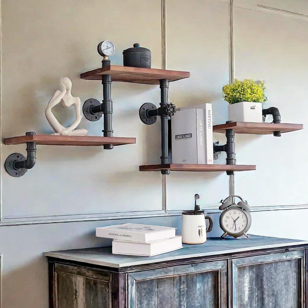 BIXIRAO Industrial Rustic Modern Solid Wood Ladder Pipe Wall Mounted Floating Shelves  4 Tiers Bookshelf,DIY Storage Shelving,Hung Bracket,Bookcases