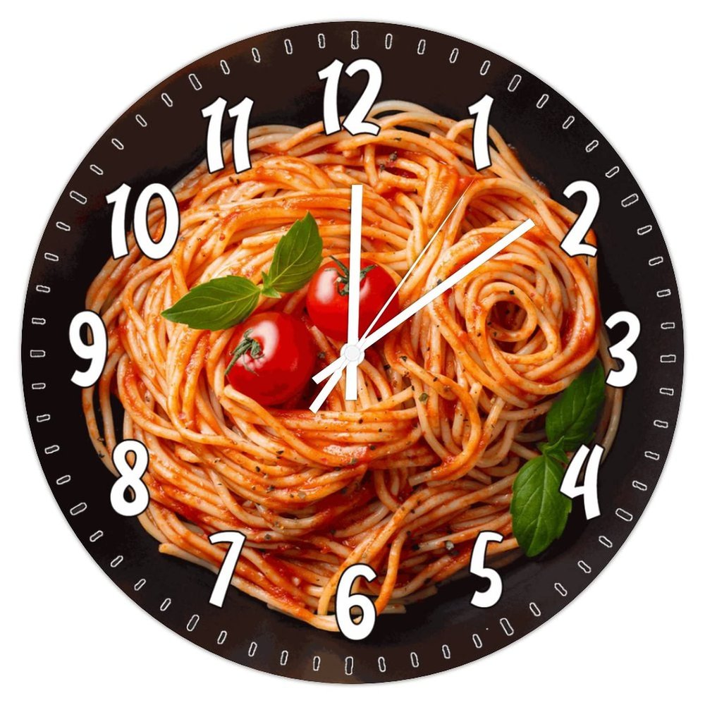 Spaghetti Tomato Italy Noodles Wooden Decorative Wall Clock 12Inch Round Clocks Food Kitchen Decorative Wall Clocks Silent Non-Ticking Clock Restaurant Clock Modern Decor for Kitchen Dinning Room