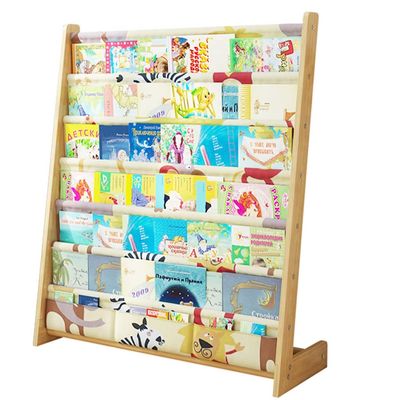Bookcases Children's Sling Bookshelf Wooden for Kids Wood Book Case for Little Reader, Made of Pine Made of Pine, The Canvas is Washable (Color : Wood Color, Size : 60x30x79cm)