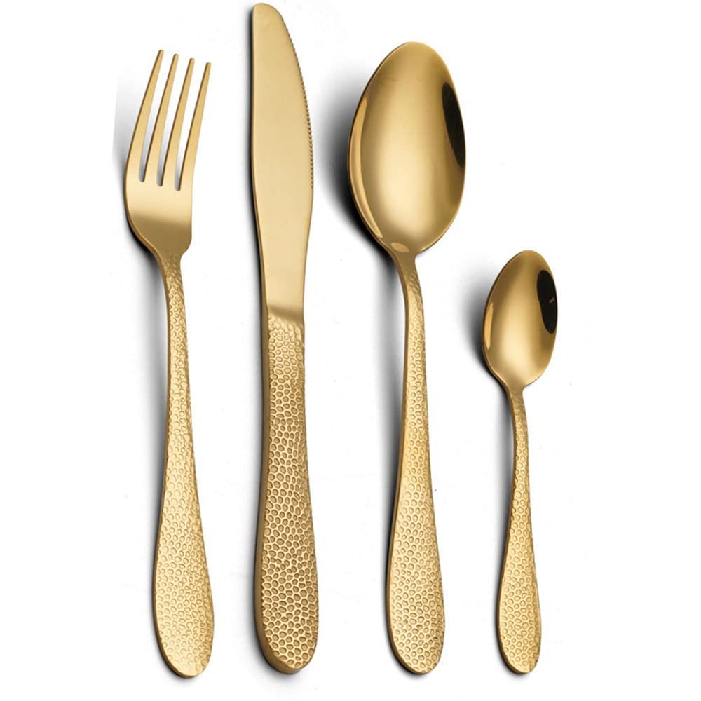 24 Piece Matte Gold Silverware Set for 6 Stainless Steel Flatware Cutlery Set, Modern Design Kitchen Utensils Tableware Set for Home Restaurant, Mirror Finish, Dishwasher Safe