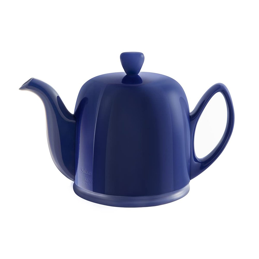 Degrenne Salam Luxury French Tea Pot - Porcelain Teapot with Stainless Steel Cover, Ceramic Tea Kettle for Loose Tea, Removable Infuser, 4 Cup Capacity, 24oz - Monochrome Blue