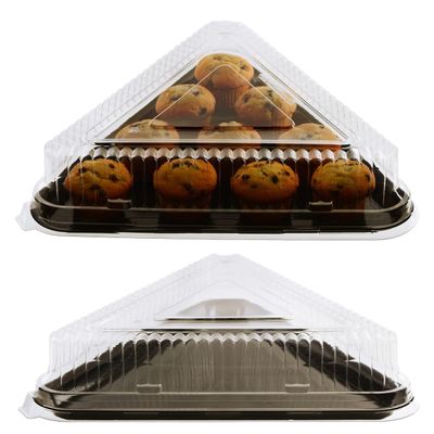 [10 Pack] Black Triangular Plastic Serving Tray with Clear Dome Lid 16x16x4 - Triangle Black Catering Tray Serving Platter Stackable - Dessert Carrier Great for Catering, Restaurants, Delivery, to Go