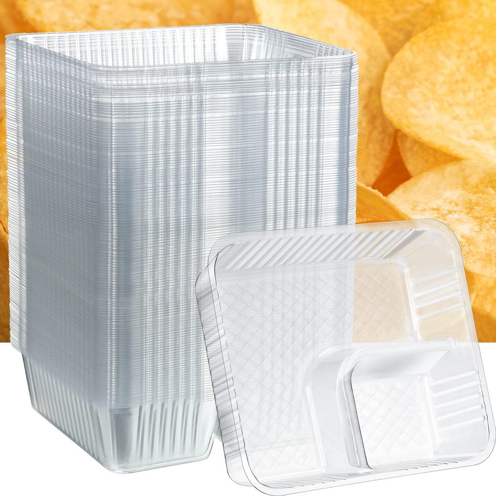 Vesici 300 Pcs 12oz Nacho Trays Disposable 2 Compartment Food Snack Tray Concession Stand Supplies Movie Night Clear Plastic Cheese Dip and Chip Holder for Candy School