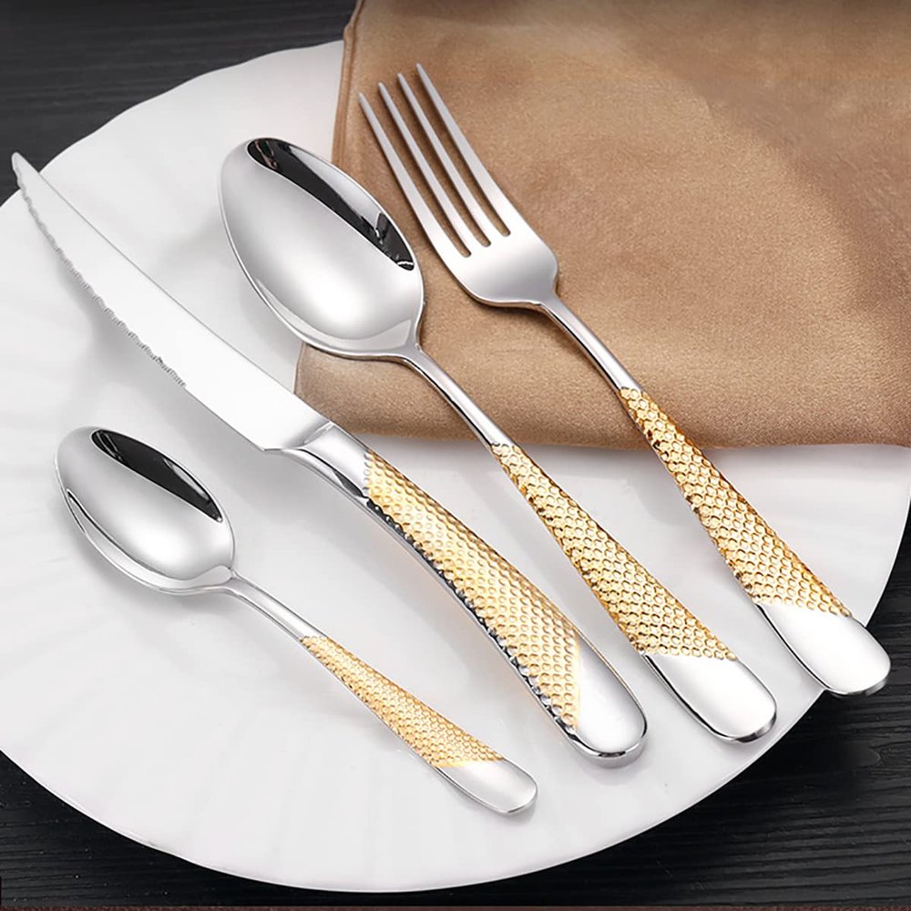 16 Piece Silverware Set For 4, 18 10 Stainless Steel Silverware Set, Modern Hammered Flatware Set, Knife/Fork/Spoon & Long Teaspoon Mirror-Polished Dishwasher Safe Cutlery