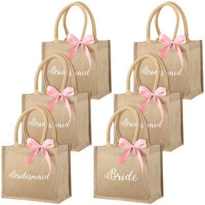Saintrygo 6 Pack Bridesmaid Tote Bags Burlap Wedding Gift Bags with Handles & Pink Ribbon, 9.8 x 7.9 x 5 Inch Reusable Party Favor Bag for Bride Wedding Bachelorette Party(9.84 x 7.87 x 4.92'')